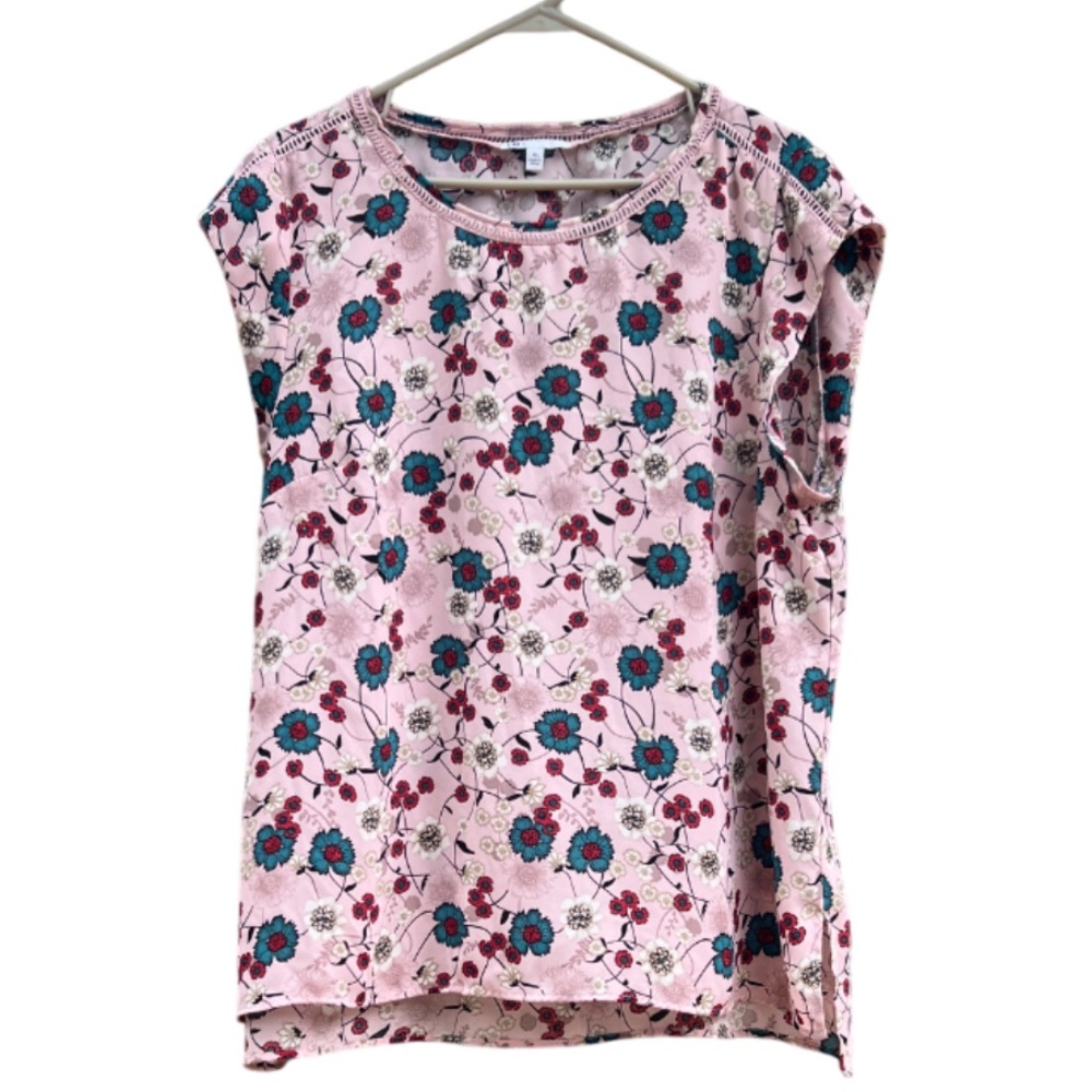 DR2 Floral Short Cap Sleeved Blouse Pink/Teal Polyester Decorative Neckline XL